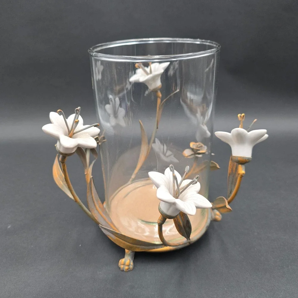 Vintage Ceramic Lily Floral Glass Vase Candle Holder Metal Base Centerpiece
